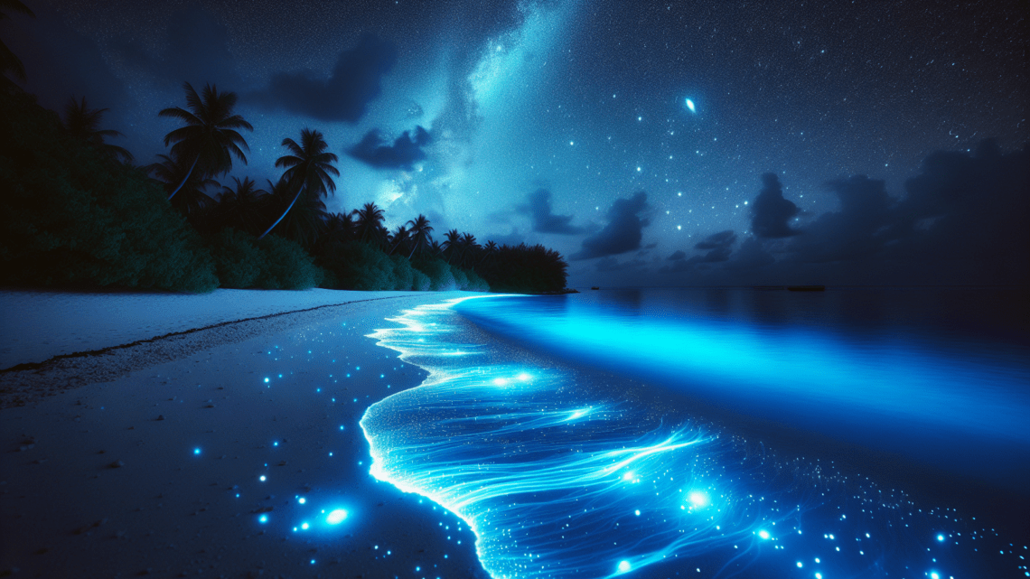 Beobachtung der Biolumineszenz am Vaadhoo Strand – leuchtendes Wasser bei Nacht