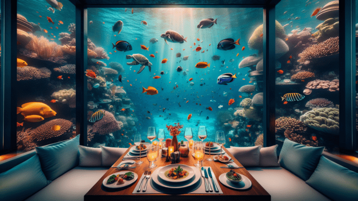 Beobachtung der Unterwasserwelt in einem Unterwasserrestaurant – Essen mit Blick auf die Ozeanwelt